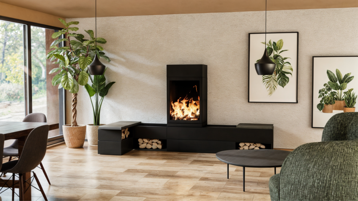 Kominek wolnostojący ze stali czarny - Elements 603 Front Skantherm